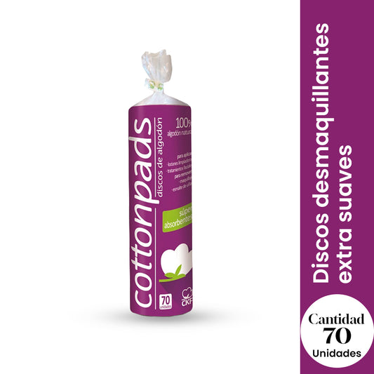 DISCOS DE ALGODÓN – COTTONPADS – LIMPIEZA SUAVE Y EFECTIVA – 70 UNIDADES