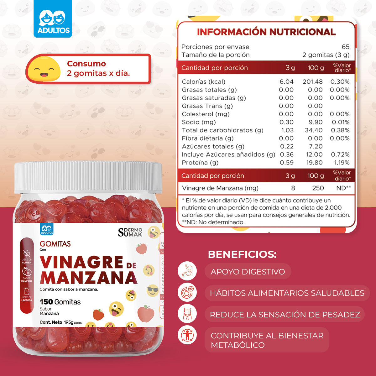 Gomitas Vinagre de Manzana Adulto 150 Gomitas - Dermo Sumak