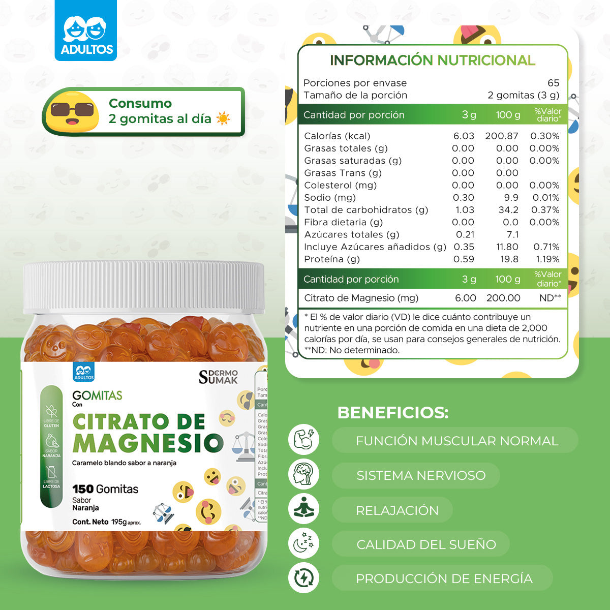 Gomitas Citrato de Magnesio - Adultos 150 Gomitas - Dermo Sumak