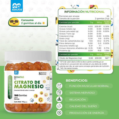 Gomitas Citrato de Magnesio - Adultos 150 Gomitas - Dermo Sumak