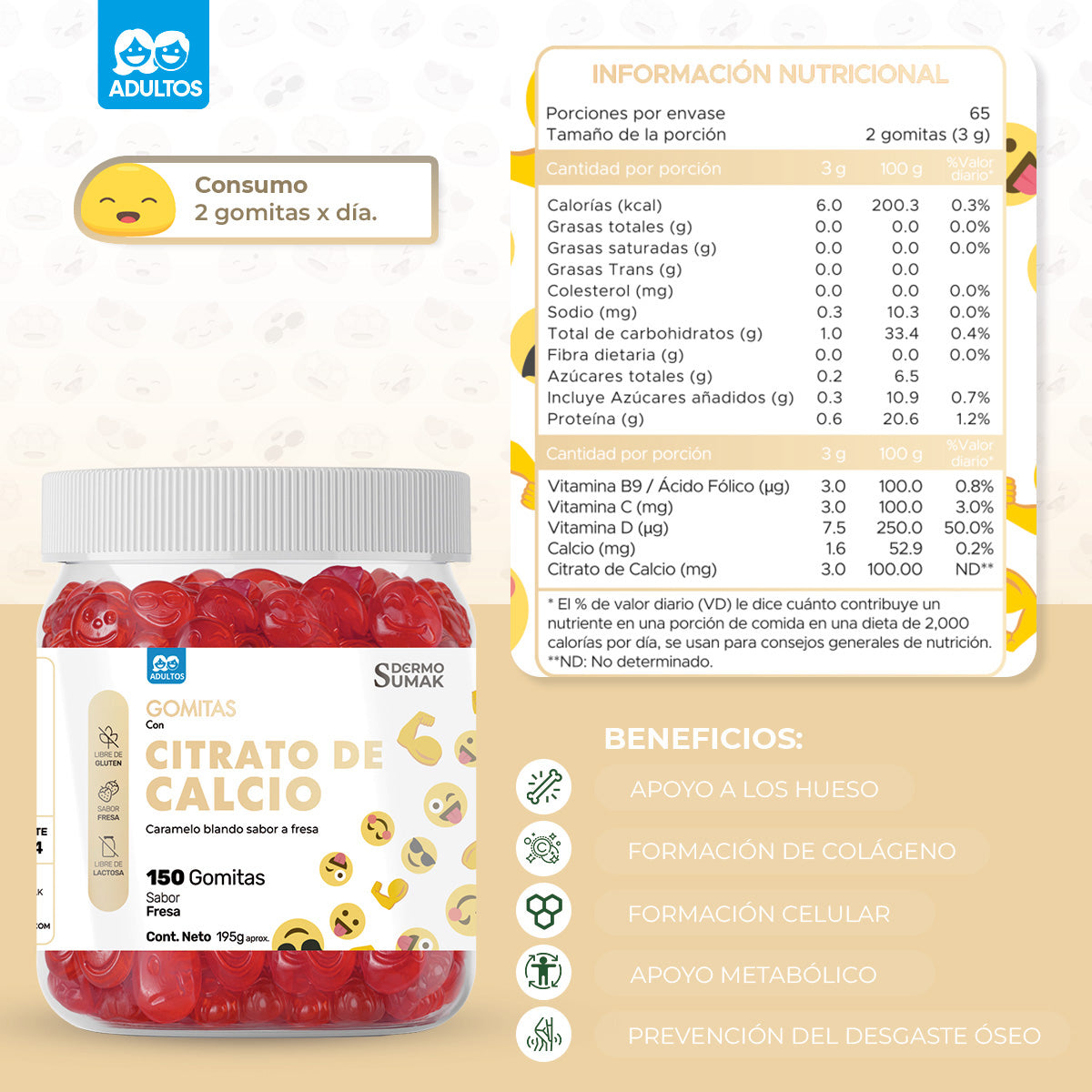 Gomitas Calcio Adulto 150 Gomitas - Dermo Sumak