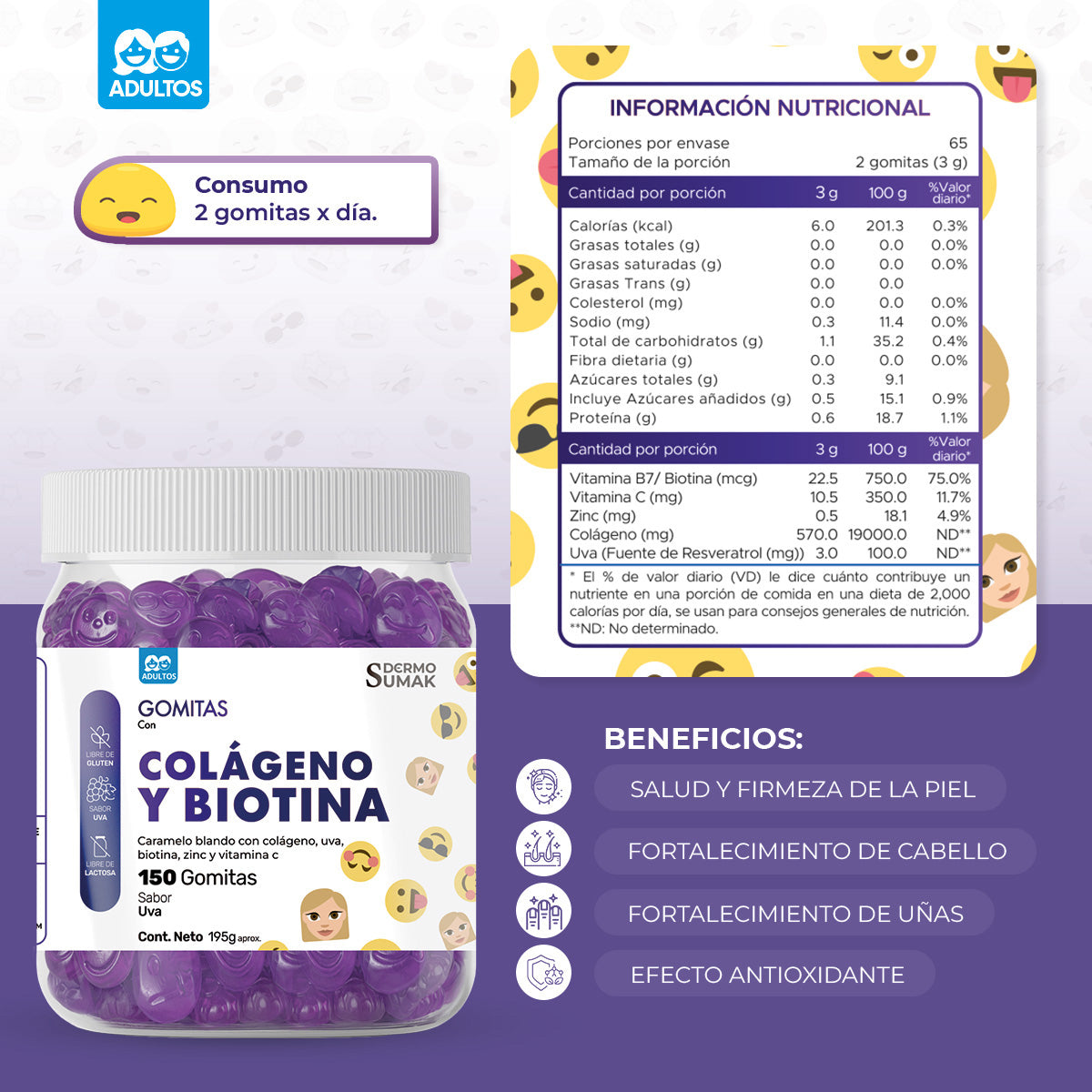 Gomitas Colágeno y Biotina Adulto 150 Gomitas - Dermo Sumak