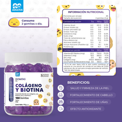 Gomitas Colágeno y Biotina Adulto 150 Gomitas - Dermo Sumak