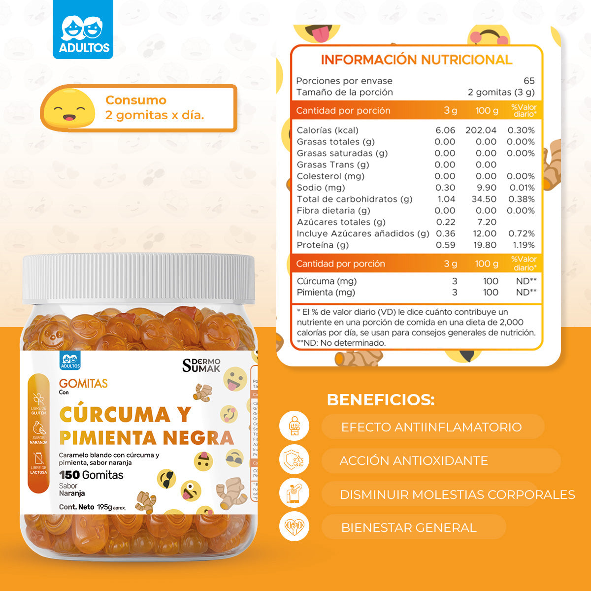 Gomitas Cúrcuma y Pimienta Negra Adulto 150 Gomitas - Dermo Sumak